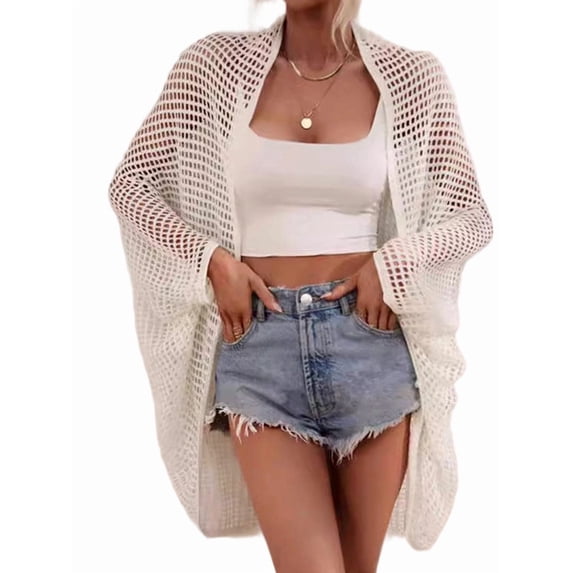 Women's Crochet Long Sleeve Lightweights Cover Open Front Cardigan for Summer White One size