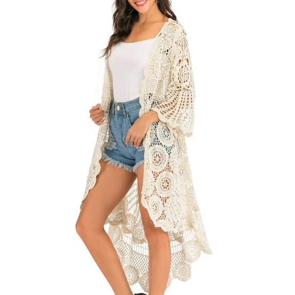 Women's Crochet Long Vest Boho Sleeveless Kimono Cardigan Swimwear Cover up