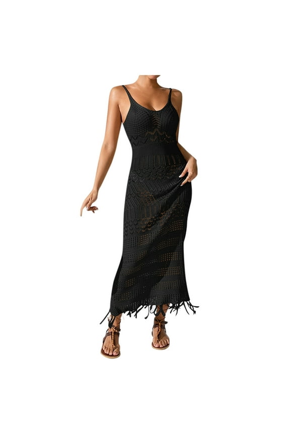 Women's Crochet Maxi Beach Cover-Up Dress - Spaghetti Strap Fringe Hem Suspender Resort Wear Summer 2025,Size M