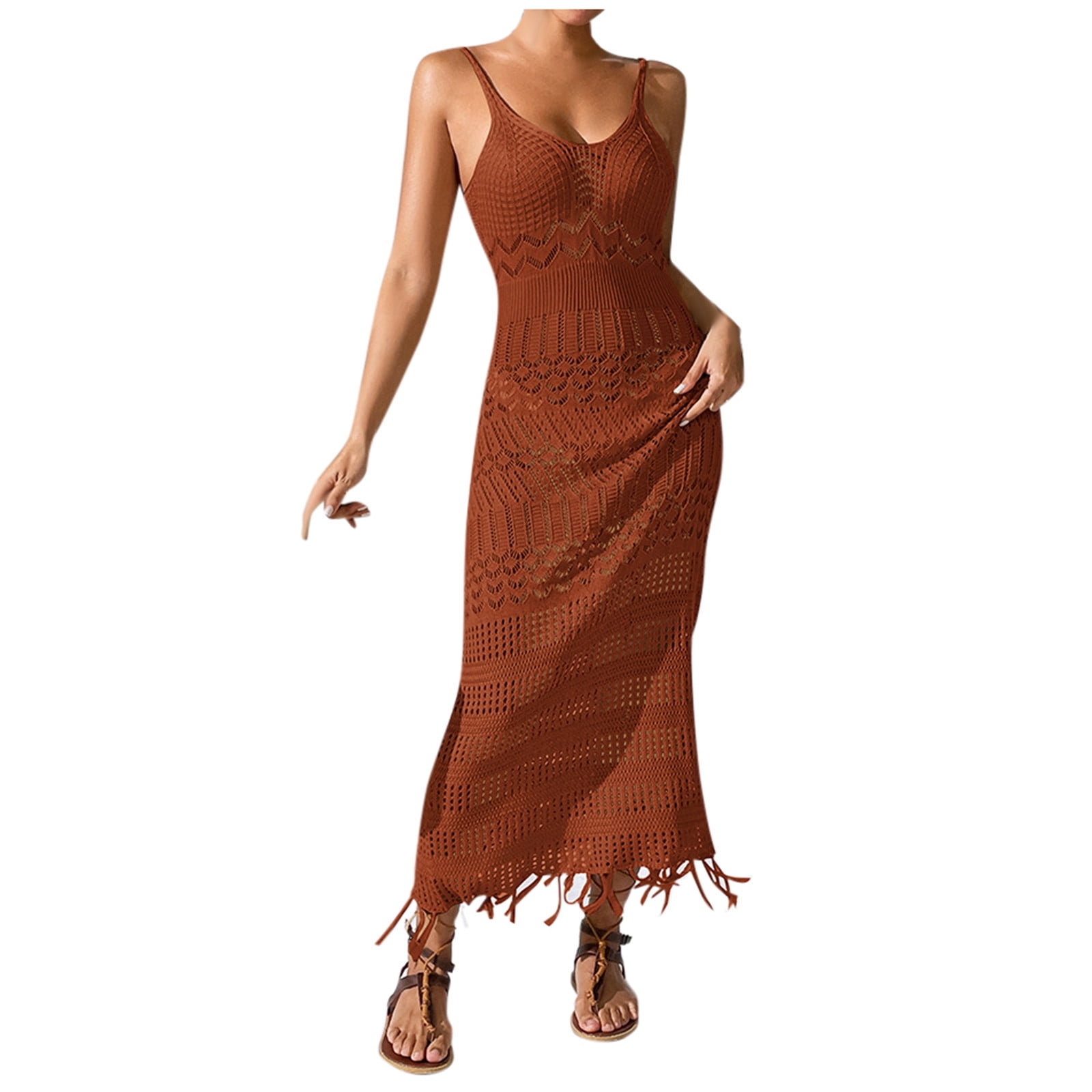 Women's Crochet Maxi Beach Cover-Up Dress - Spaghetti Strap Fringe Hem  Suspender Resort Wear Summer 2025,Size S - Walmart.com