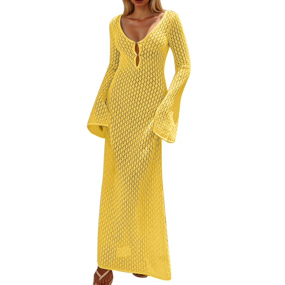 Women's Crochet Maxi Cover Up Dress, Long Sleeve, V Neck, Sexy Bodycon, Ideal for Beach Swim Vacation