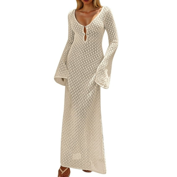 Women's Crochet Maxi Cover Up Dress, Long Sleeve, V Neck, Sexy Bodycon, Ideal for Beach Swim Vacation