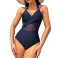thumbnail image 1 of Women's Crochet One Piece Swimsuits V Neck High Waist Bathing Suit Sexy Hollow Monokini Swimwear Navy Blue Large, 1 of 9