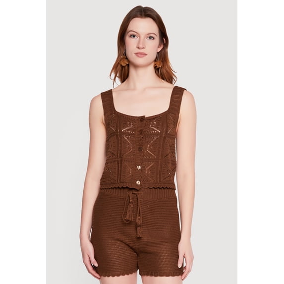 Women's Crochet Scalloped Hem Square Neck Button Front Vest