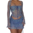 thumbnail image 1 of Women's Crochet Sequin 3 Piece Dress Crop Top Long Sleeve Split Knitted Y2k Fashion Summer Sequins Mini Dress Short Skirt 2023, 1 of 6