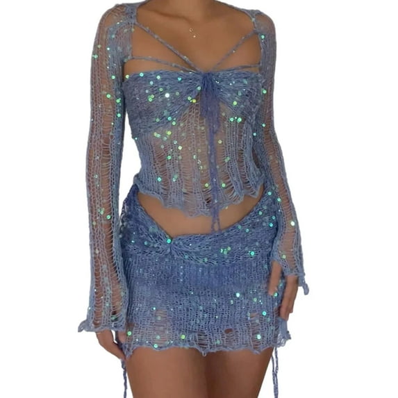 Women's Crochet Sequin 3 Piece Dress Crop Top Long Sleeve Split Knitted Y2k Fashion Summer Sequins Mini Dress Short Skirt 2023