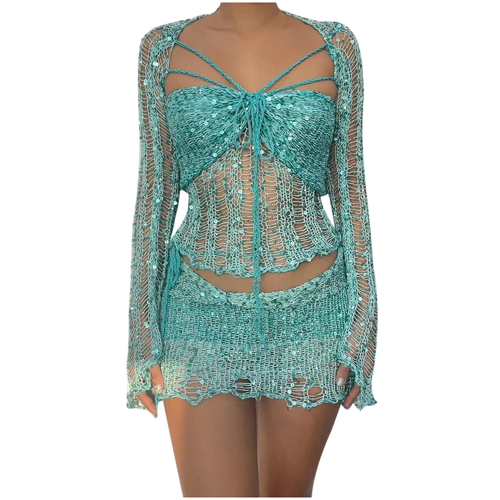 Women's Crochet Sequin Dress 2 Piece Outfits Crop Top Long Women's Crochet Sequin Dress 2 Piece Outfits Crop Top Long