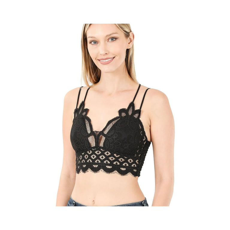 Women's Crochet Sexy Lace Bralette with Removable Pads and Cross Back  Adjustable Strap (Black, Medium) 