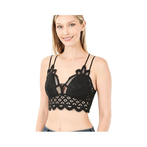 Women’s Crochet Sexy Lace Bralette with Removable Pads and Cross Back Adjustable Strap (Black, Small)