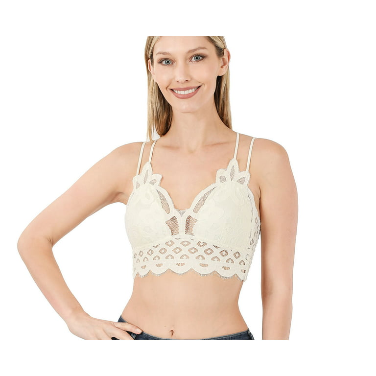 Women's Crochet Sexy Lace Bralette with Removable Pads and Cross Back  Adjustable Strap (Ivory, Medium) 