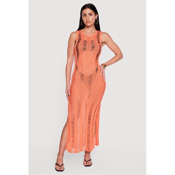 Women's Crochet Shadow Stripe Side Slit Maxi Dress