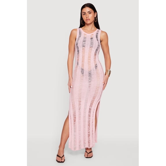 Women's Crochet Shadow Stripe Side Slit Maxi Dress