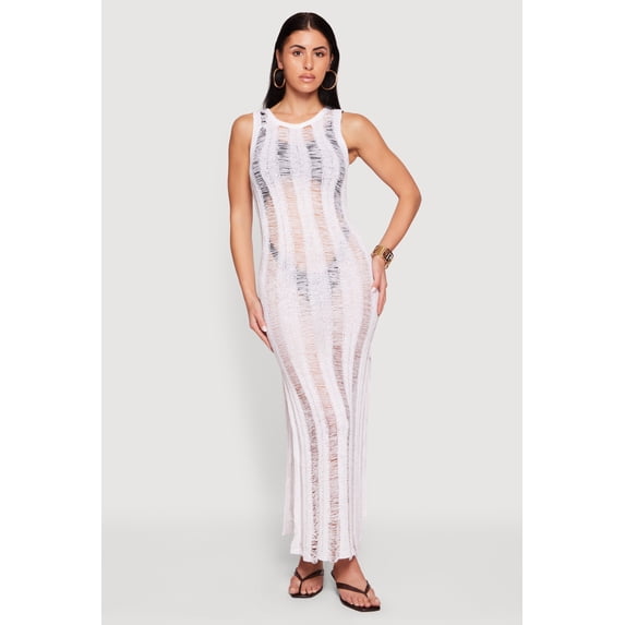 Women's Crochet Shadow Stripe Side Slit Maxi Dress