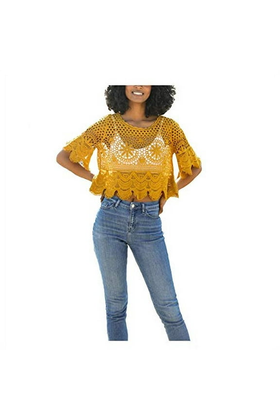 Women's Crochet Short Sleeve Crop Sexy Sheer Blouse Mesh Lace Crop Top (Mustard)