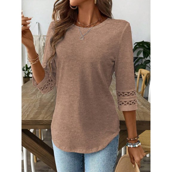 Women's Crochet Sleeve Top Crew Neck Eyelet Trim Curved Hem Loose Fit Tunic for Fall Spring Layering Office Commute Daily Outfits