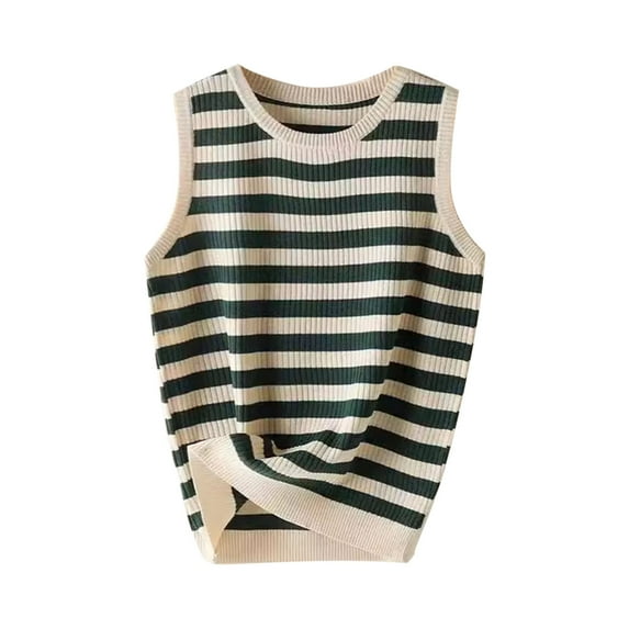 Women's Crochet Striped Tank Tops Sleeveless Round Neck Trendy Cute Lightweight Sweater Vest Top