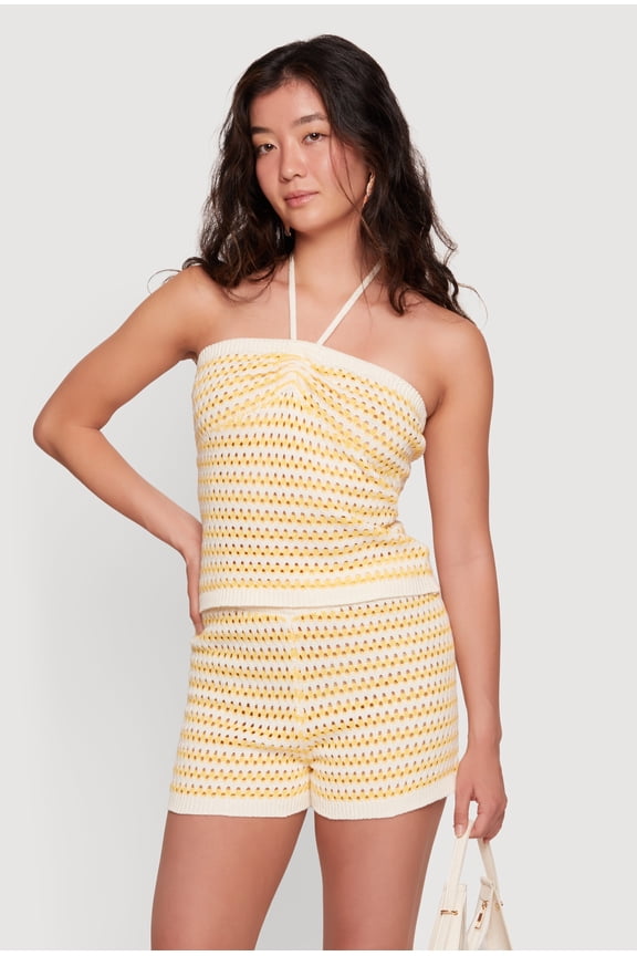 Women's Crochet Striped Tie Back Halter Top