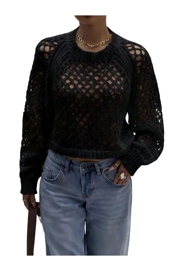 Women's Crochet Sweater Crew Neck Long Sleeve Tie Open Back Cropped Sweater Knit Pullover Top Black L
