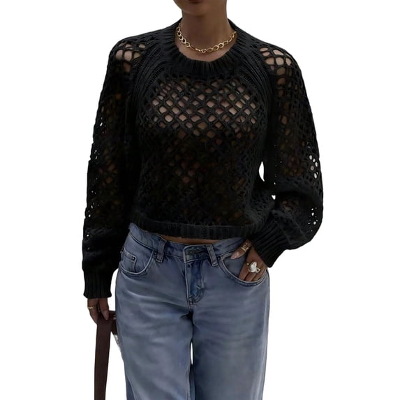 Women's Crochet Sweater Crew Neck Long Sleeve Tie Open Back Cropped Sweater Knit Pullover Top Black S