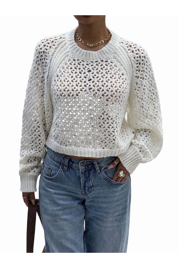 Women's Crochet Sweater Crew Neck Long Sleeve Tie Open Back Cropped Sweater Knit Pullover Top Rice M