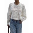 thumbnail image 1 of Women's Crochet Sweater Crew Neck Long Sleeve Tie Open Back Cropped Sweater Knit Pullover Top Rice S, 1 of 10