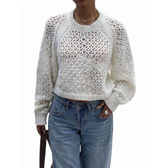 Women's Crochet Sweater Crew Neck Long Sleeve Tie Open Back Cropped Sweater Knit Pullover Top Rice S