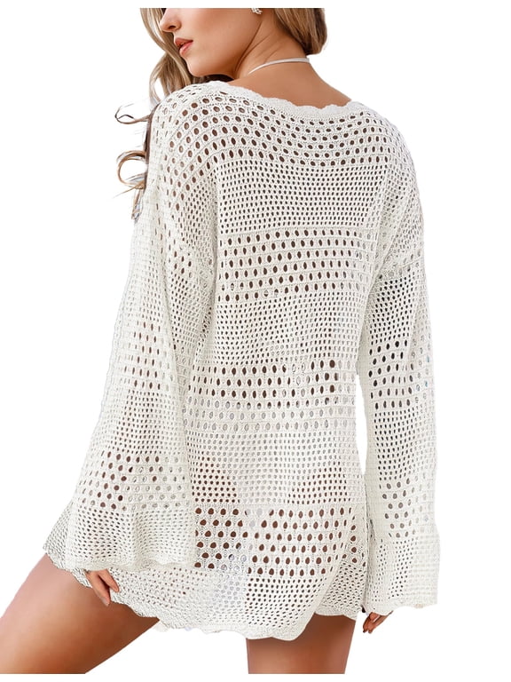 Women's Crochet Swim Cover Up, Long Sleeve Loose Beach Dress Crew Neck Bikini Coverup for Pool Vacation