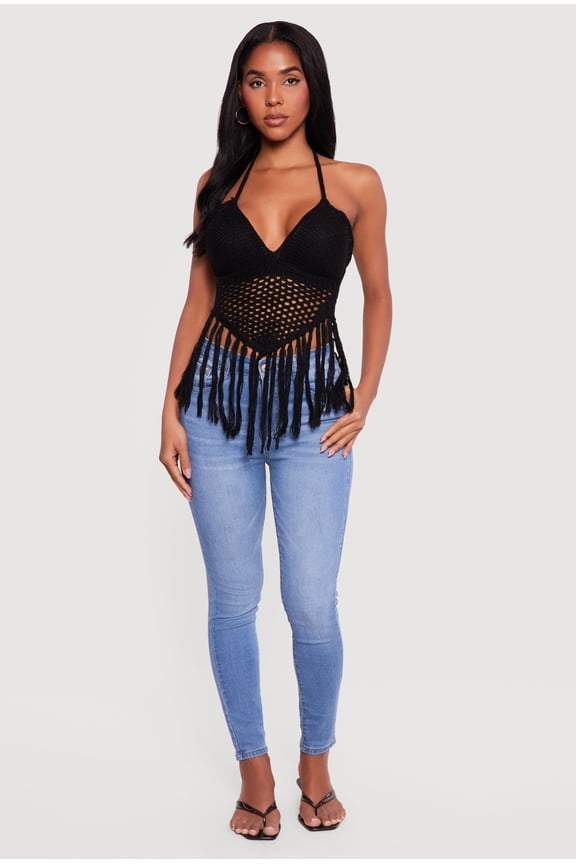 Women's Crochet Tie Back Fringe Halter Top