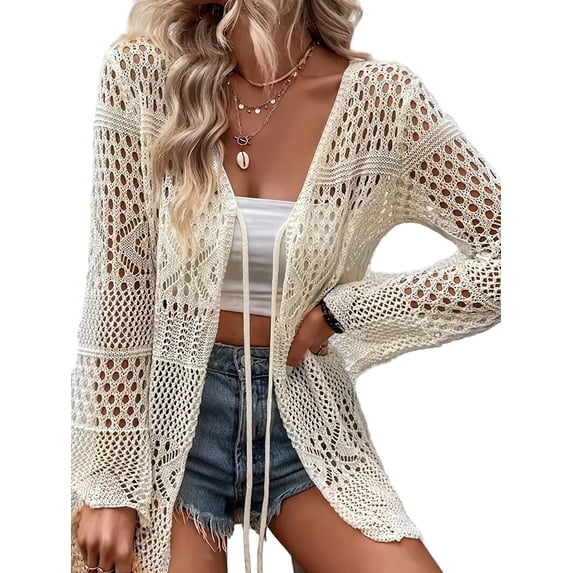 Women’s Crochet Tie Front Cardigan, Lightweight Open Knit Long Sleeve Boho Sweater