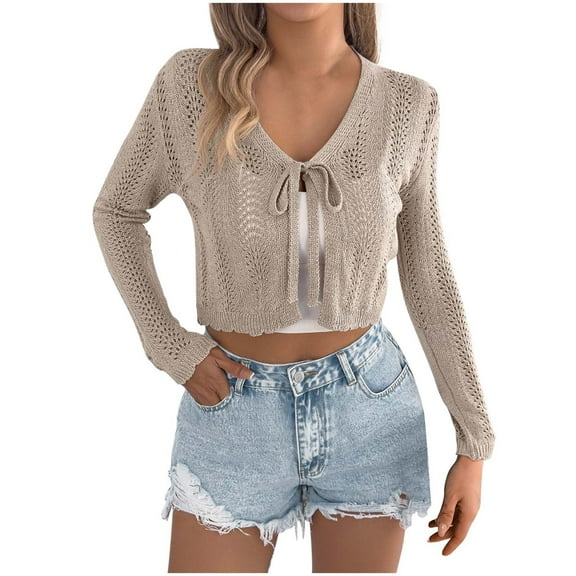Women's Crochet Tie Front Cardigan Long Sleeve Cropped Shrugs Summer Beach Light Weight Knit Cover up Tops Khaki M