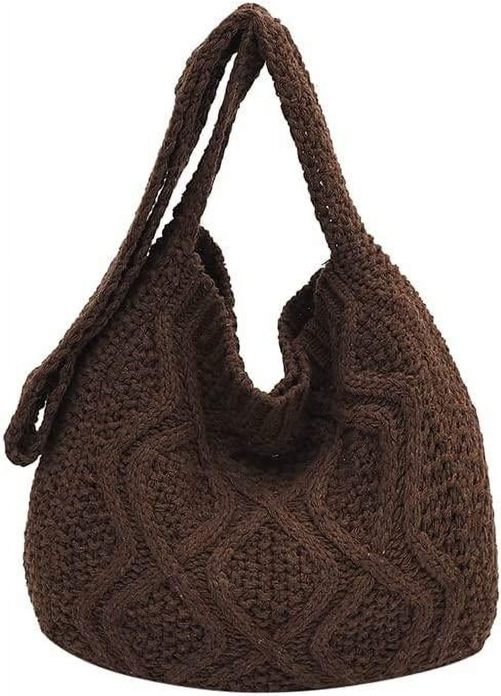 ★LOW CLASSIC★ CROCHET HOBO BAG BROWN Women's Crochet Tote Bag Knitted Shoulder Crossbody Handbags
