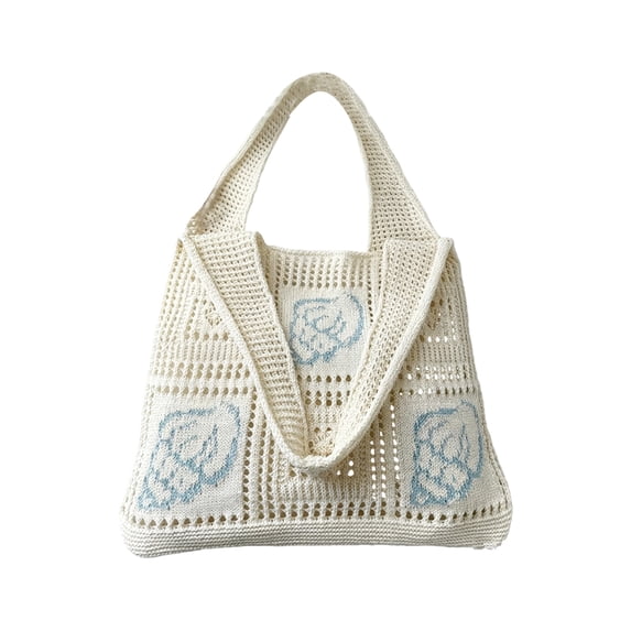 Women's Crochet Tote Bag, Large Beach Shoulder Bag with Eyelet Knit, Boho Summer Shopping Purse for Travel & Vacation, Beige Conch Polyester