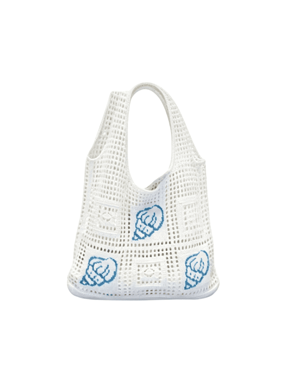 Women's Crochet Tote Bag, White Conch Shell Shoulder Bag, Large Capacity Handmade Beach Purse with Eyelet Design for Summer Vacation Shopping Travel, Polyester