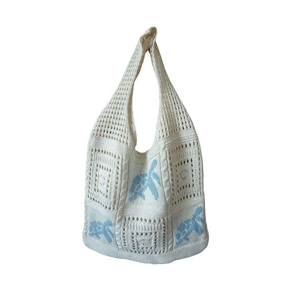 Women's Crochet Tote Bag White Sea Turtle Design Large Capacity Shoulder Purse Boho Beach Shopping Bag Summer Casual Polyester