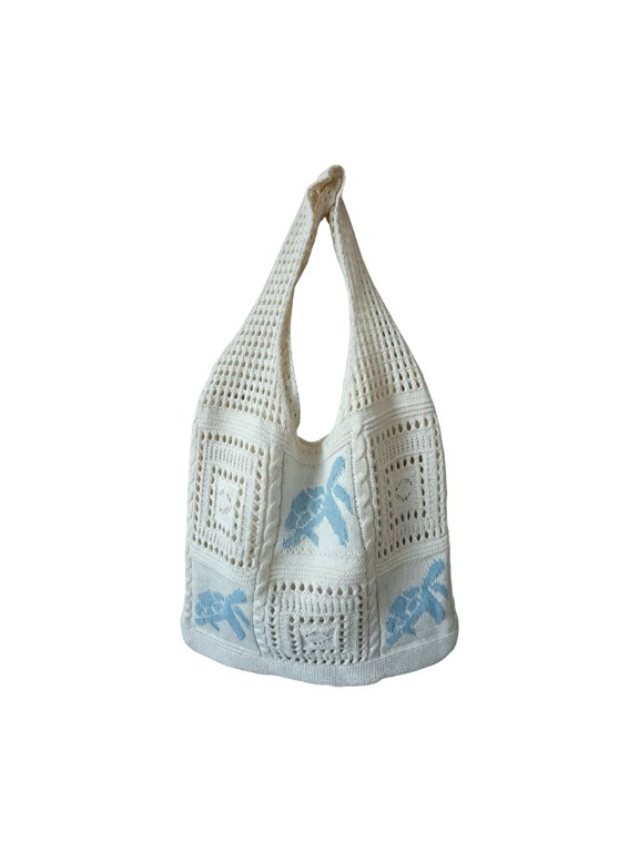 Women's Crochet Tote Bag White Sea Turtle Design Large Capacity Shoulder Purse Boho Beach Shopping Bag Summer Casual Polyester