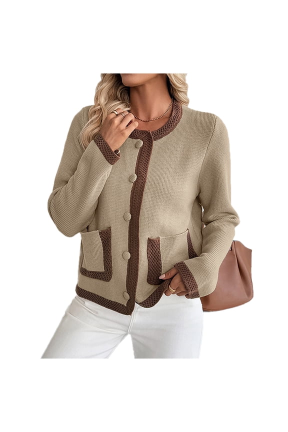 Women's Crochet Trim Cardigan Color Block Button Front Crew Neck Long Sleeve with Pocket Fall Textured Knit Cover-Up Layer