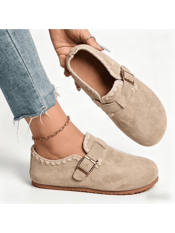 Women's Crochet Trim Faux Suede Loafers, Adjustable Buckle Casual Comfort Flats
