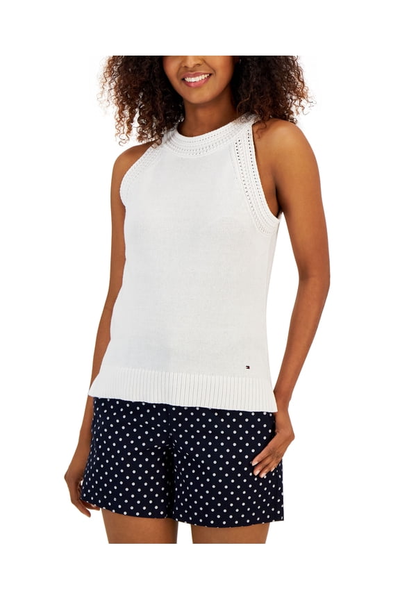 Women's Crochet Trimmed Sleeveless Tank Top Bright White XS