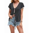 thumbnail image 1 of Women's Crochet V-Neck Short Sleeve Boho Spring Lightweights Tie Front Cardigan for Beach Summer Black S, 1 of 7