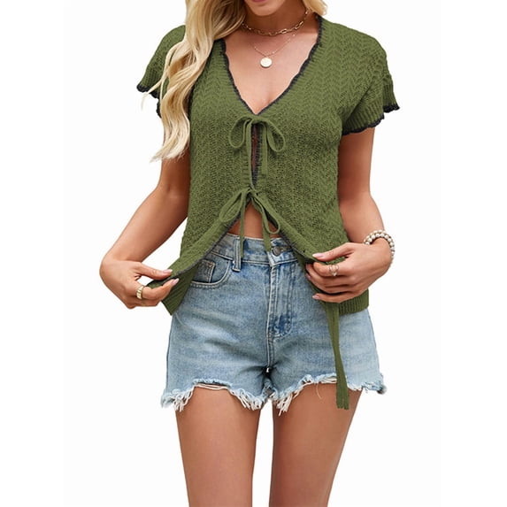 Women's Crochet V-Neck Short Sleeve Boho Spring Lightweights Tie Front Cardigan for Beach Summer Green XL