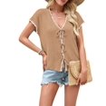 thumbnail image 1 of Women's Crochet V-Neck Short Sleeve Boho Spring Lightweights Tie Front Cardigan for Beach Summer Khaki S, 1 of 6