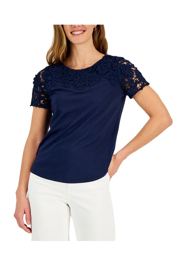 Women's Crochet-Yoke Short-Sleeve Top Intrepid Blue M
