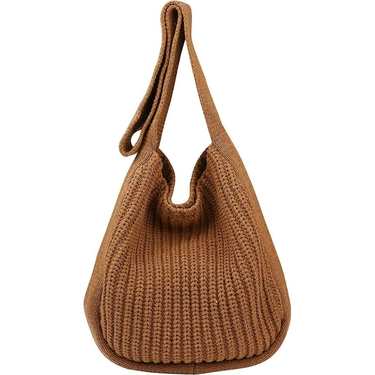 ★LOW CLASSIC★ CROCHET HOBO BAG BROWN Women's Crocheted Crossbody Tote Hobo Bag, Knitted Shoulder