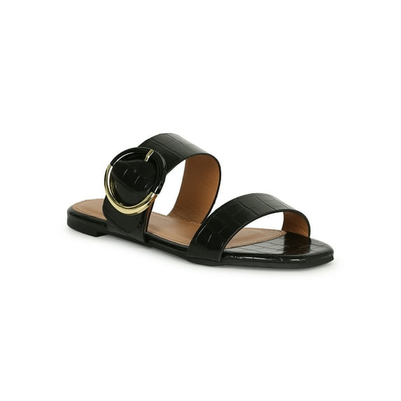 Women's Crocodile Embossed Double Strap O Buckle Slide Flat Sandals 19698