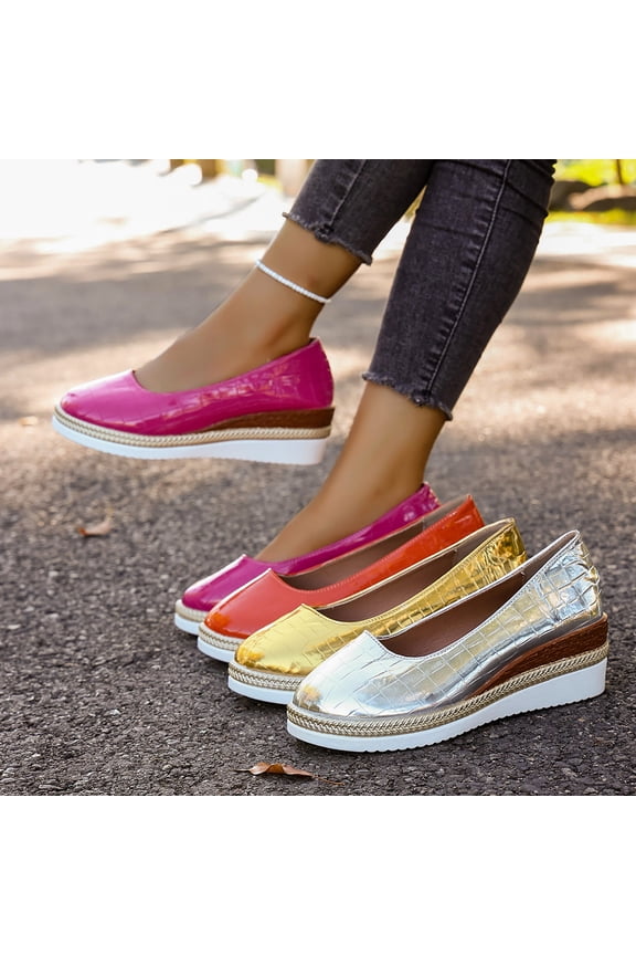 Women's Crocodile Embossed Platform Wedge Pumps, Round Toe Wedge Heel Dress Shoes, Plus Size Comfortable Wedge Heel Shoes for Spring Summer Wear