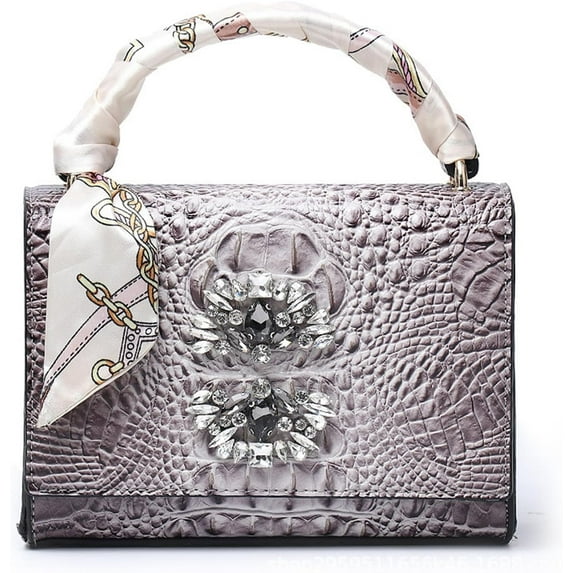Women's Crocodile Print Top Handle Shoulder Bag PU Leather Crystal Satchel Flap Crossbody Square Handbag Clutch Purse