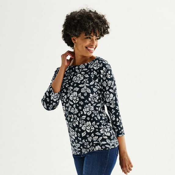 Women's Croft & Barrow® Boatneck Top Color: Navy Blooms Size: LARGE