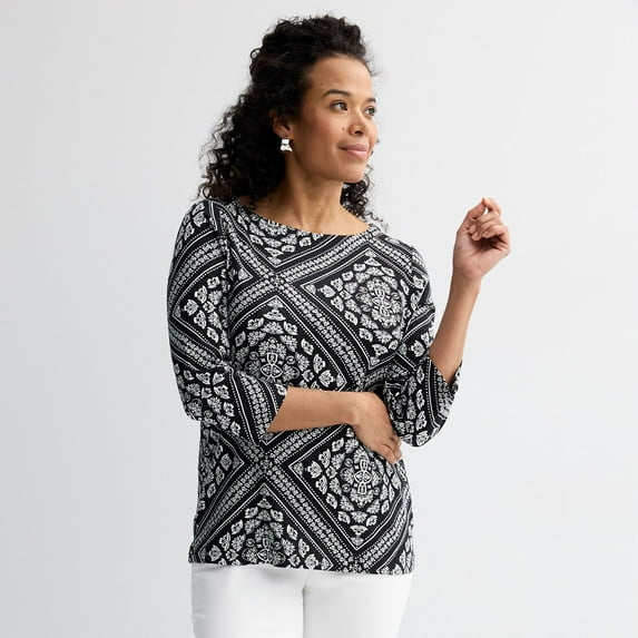 Women's Croft & Barrow® Boatneck Top Color: Onyx Scarf Tile Size: SMALL