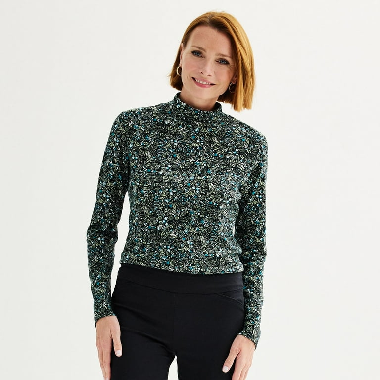 Women s Croft Barrow Essential Long Sleeve Mockneck Top Color Black Garden Print Size XX LARGE