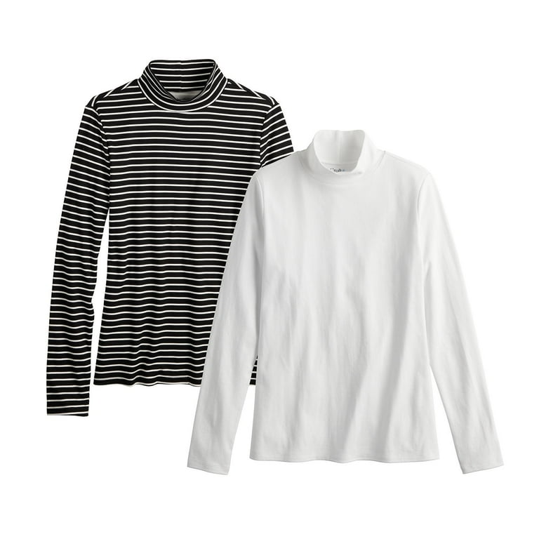 Women s Croft Barrow Long Sleeve 2 Pack Mockneck Tees Color Stripe White Pack Size MEDIUM